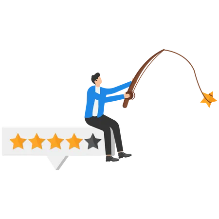 Empresário pegando estrelas com varas de pescar para colocar na barra de estrelas  Ilustração