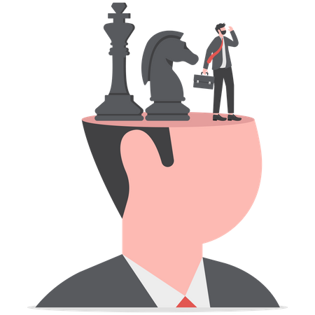 Empresário pensando com uma peça de xadrez na cabeça  Ilustração