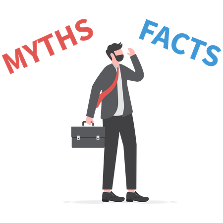 Empresario pensando con curiosidad comparar entre hechos o mitos  Ilustración