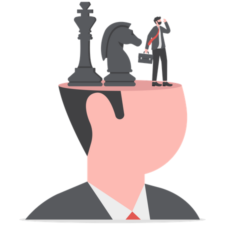 Empresario pensando con una pieza de ajedrez en la cabeza.  Ilustración