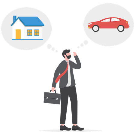 Empresário pensando em comprar um carro ou uma casa  Ilustração