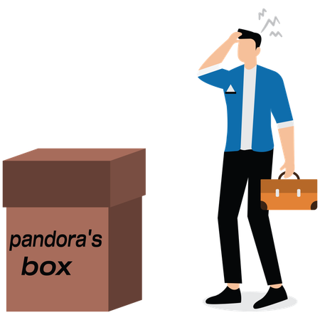 Empresario pensando en el riesgo y la oportunidad de abrir la caja de Pandora  Ilustración