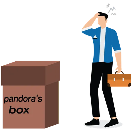 Empresario pensando en el riesgo y la oportunidad de abrir la caja de Pandora  Ilustración