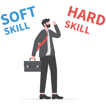 Empresário pensando entre Hard e Soft Skills  Ilustração