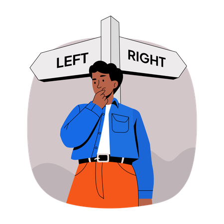 Hombre de negocios pensante confundido con la decisión correcta  Ilustración