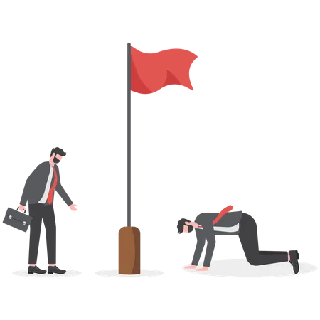 Un hombre de negocios pensativo mira la advertencia de bandera roja  Ilustración