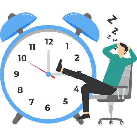Empresario perezoso durmiendo en el reloj de tiempo corriente  Ilustración