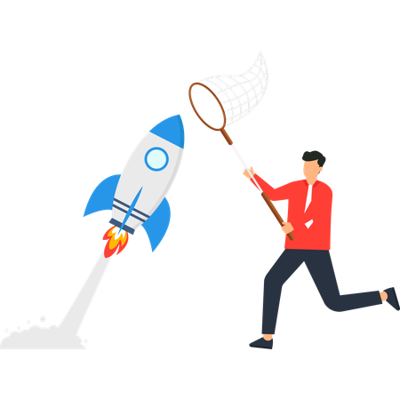 Empresario persiguiendo un cohete con una startup en la red  Ilustración