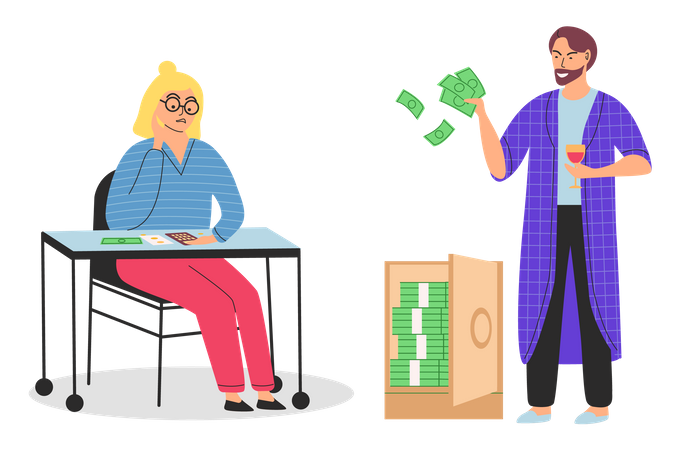 Empresário parado perto de um cofre cheio de dinheiro e uma pobre mulher conta economias na calculadora  Ilustração