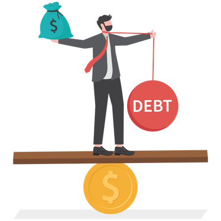 Empresario sopesando entre deuda e ingresos  Ilustración