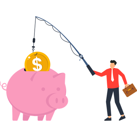 Empresário pescando dinheiro no cofrinho  Ilustração