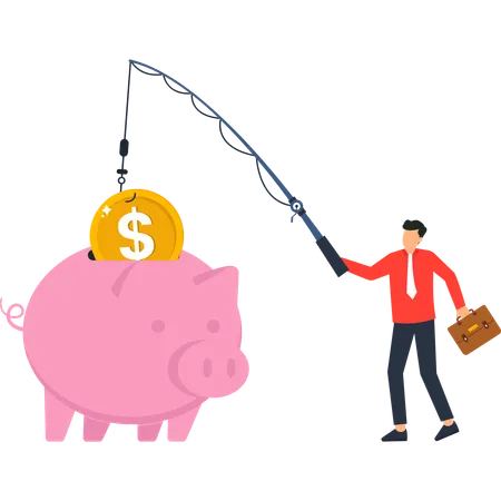 Empresário pescando dinheiro no cofrinho  Ilustração