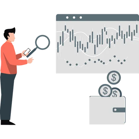 Empresário pesquisando gráfico analítico em página da web  Ilustração