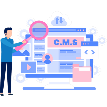 Empresário pesquisando codificação de página da web por meio de lupa  Ilustração