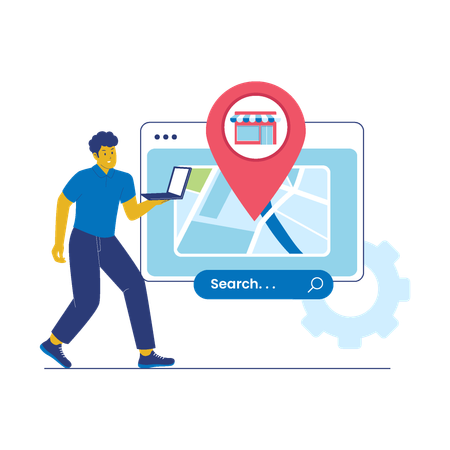 Pesquisa de SEO local com mapa, pin de loja e empresário usando ilustração de laptop  Ilustração