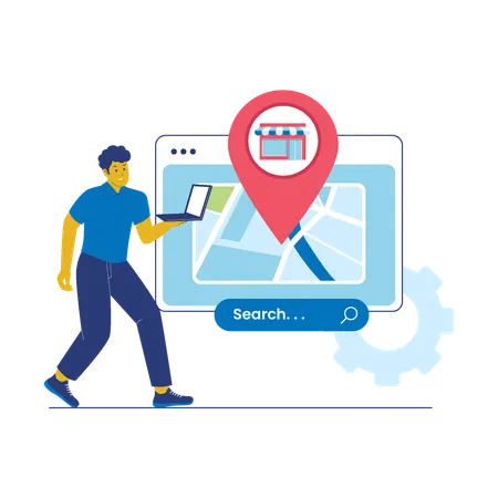 Pesquisa de SEO local com mapa, pin de loja e empresário usando ilustração de laptop  Ilustração