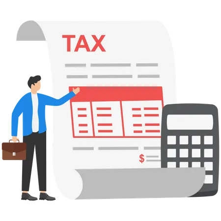 Empresário preencheu formulário de declaração de impostos e cálculo de impostos com calculadora  Ilustração