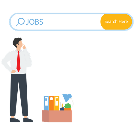 Empresário procura emprego na internet usando uma barra de pesquisa  Ilustração