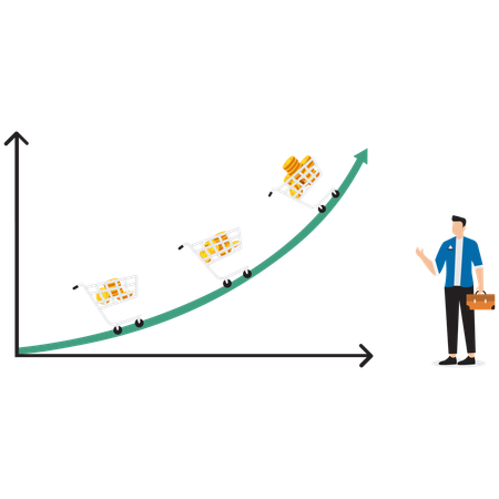 Empresário Olhando gráficos ascendentes com mais e mais moedas de ouro dentro de carrinhos de compras  Ilustração