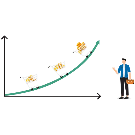 Empresário Olhando gráficos ascendentes com mais e mais moedas de ouro dentro de carrinhos de compras  Ilustração