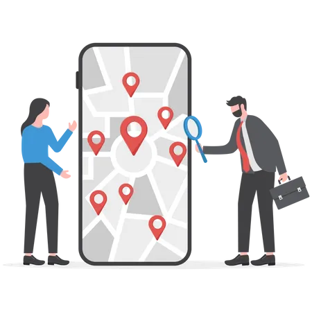 Empresário em busca de localização no mapa do celular  Ilustração