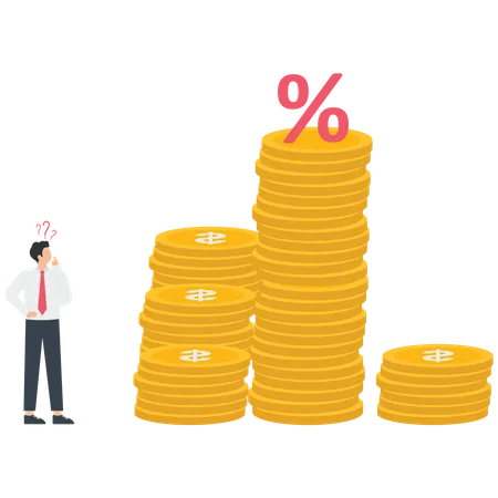 Empresário olhando sinal de porcentagem em cima de uma pilha de moedas  Ilustração