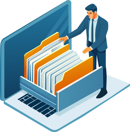 Empresário procurando um arquivo em uma gaveta digital de um laptop  Ilustração