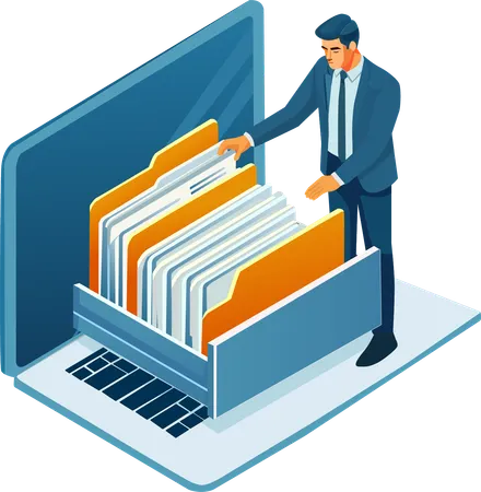 Empresário procurando um arquivo em uma gaveta digital de um laptop  Ilustração