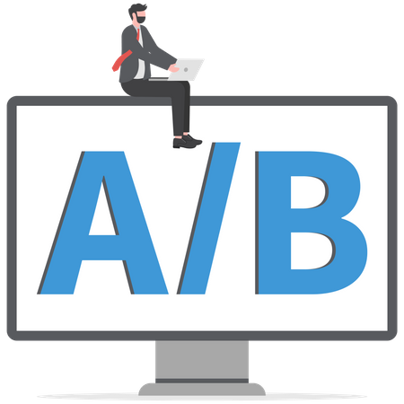 Programador empresario y usuarios sentados en los alfabetos A y B para realizar pruebas  Ilustración