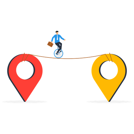Propietario de una empresa empresario montando monociclo desde el pin de navegación del mapa hasta una nueva metáfora de la reubicación  Ilustración