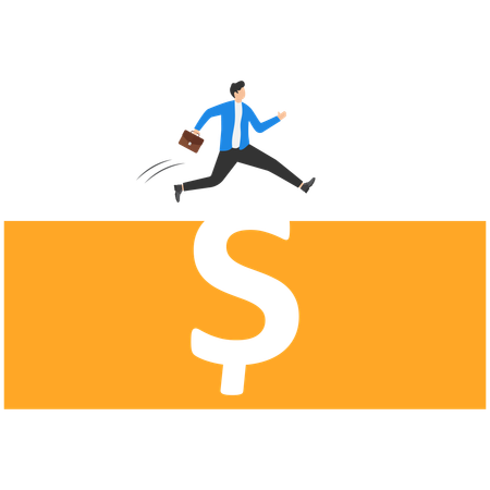 Empresário pulando através do vão do sinal de dólar em queda  Ilustração