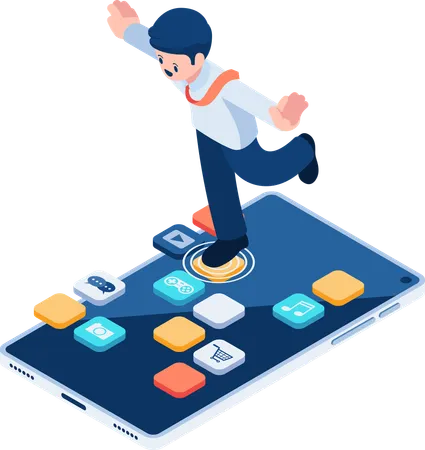 Empresário pulando no aplicativo do smartphone  Ilustração