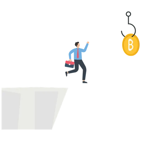 Empresário pulando para pegar uma moeda de dólar americano em um penhasco  Ilustração