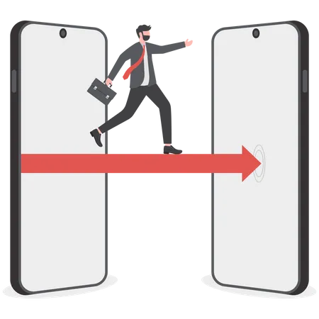 Empresário pulando para trocar o telefone  Ilustração