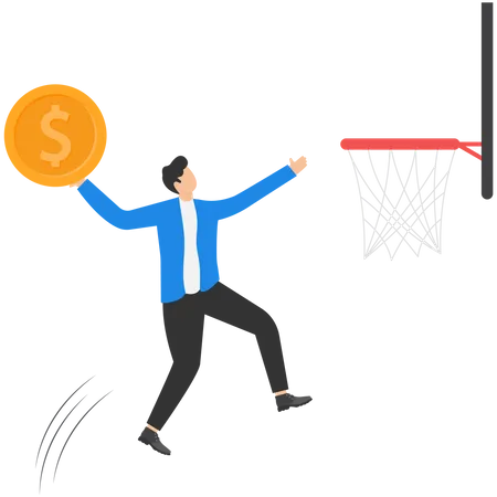 Empresário pulando segurando uma moeda de dinheiro para enterrar a cesta de basquete  Ilustração