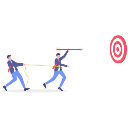 Empresário puxa funcionário para atirar flecha em direção ao gol  Ilustração