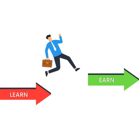 Empresario saltando hacia ganar aprender a ganar camino profesional éxito empresarial  Ilustración