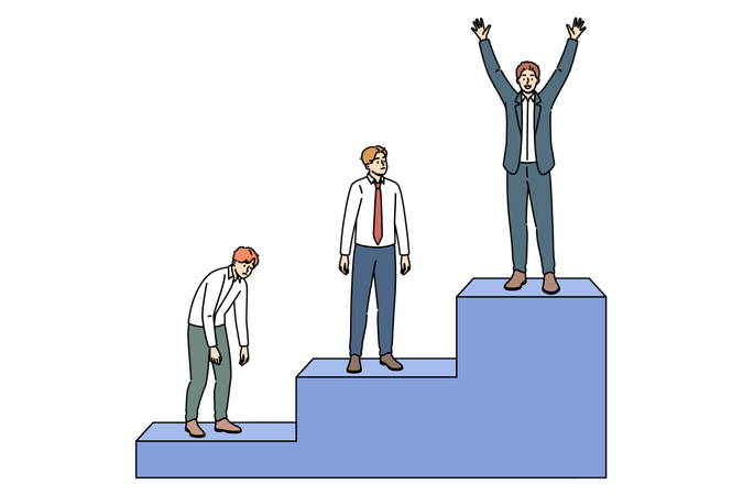 Un empresario que gana una competición profesional levanta las manos mientras se encuentra en lo más alto de su carrera profesional.  Ilustración