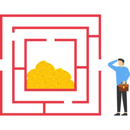 Hombre de negocios que quiere entrar en el laberinto del dinero  Ilustración