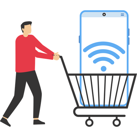 Hombre de negocios que utiliza una aplicación de comercio electrónico móvil con una gran señal wifi en el carrito de compras  Ilustración