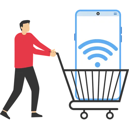 Hombre de negocios que utiliza una aplicación de comercio electrónico móvil con una gran señal wifi en el carrito de compras  Ilustración