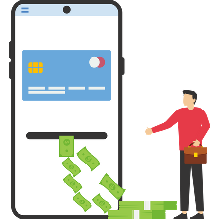 El hombre de negocios que usa una tarjeta de crédito se convierte en dinero por teléfono  Ilustración