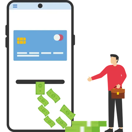 El hombre de negocios que usa una tarjeta de crédito se convierte en dinero por teléfono  Ilustración
