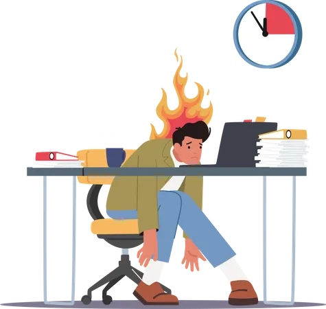 Empresario quemado en depresión sentado en el escritorio de la oficina con un montón de papeles  Ilustración