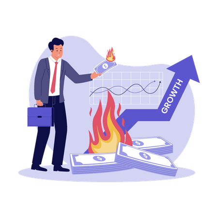 Empresario quema dinero en crisis de crecimiento de startups  Ilustración