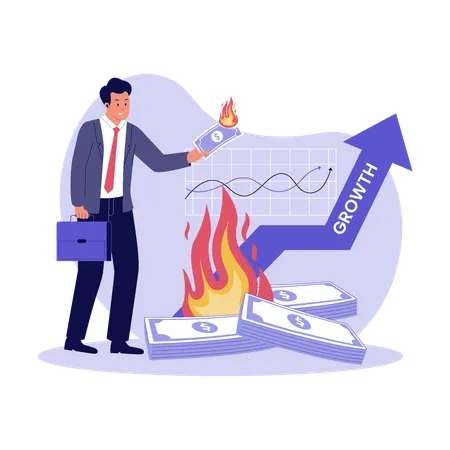 Empresario quema dinero en crisis de crecimiento de startups  Ilustración