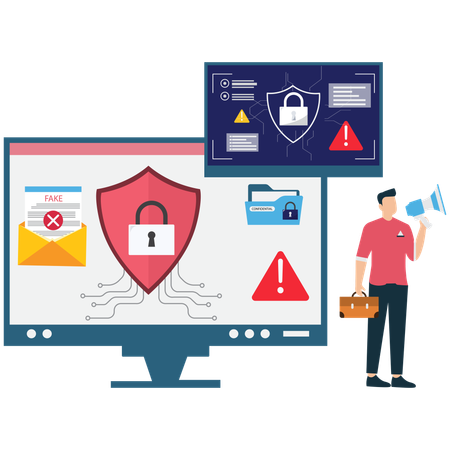 Empresario realizando una campaña de concientización sobre ciberseguridad  Ilustración