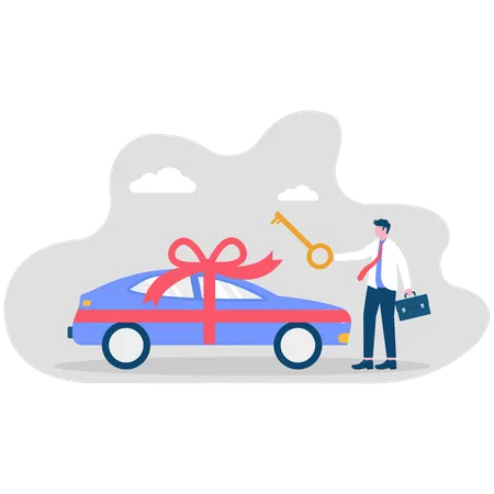 Hombre de negocios recibiendo un coche como regalo  Ilustración