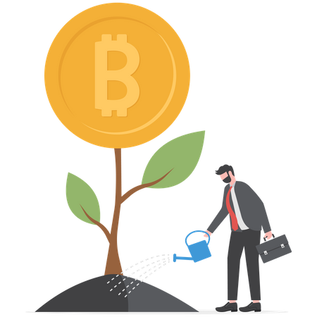 Empresário regando árvores de dinheiro com bitcoins de crescimento  Ilustração