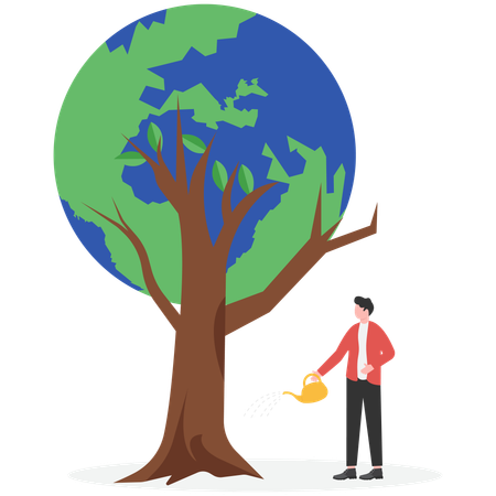 Empresário regando planta para proteger a Terra  Ilustração
